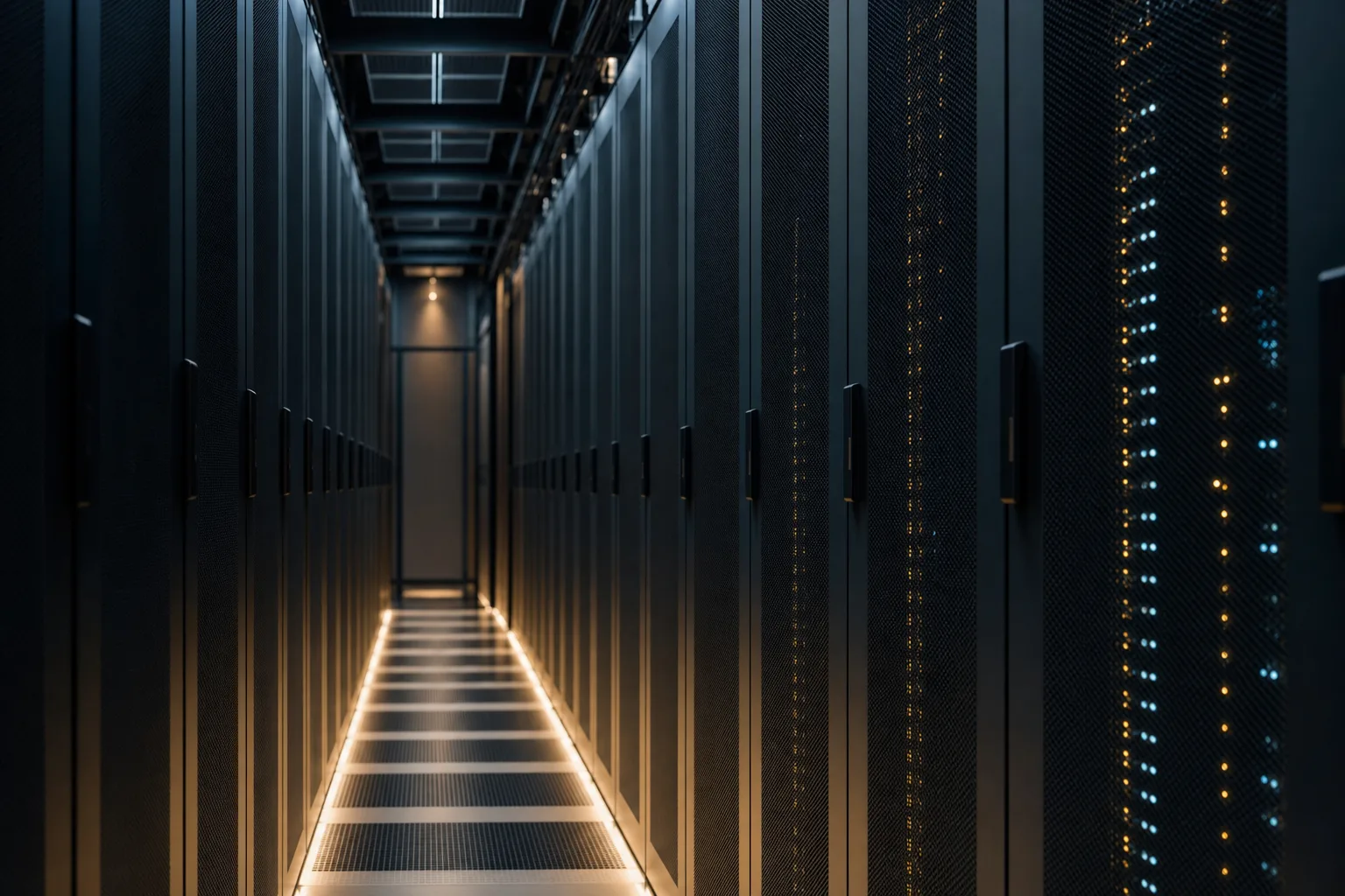A corridor between rows of dark server cabinets in an enterprise data centre, lit with warm light